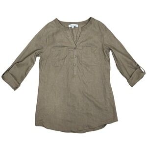 Emily Daniels Womens Top Blouse Linen Blend Small Roll Tab Sleeve Button Pockets